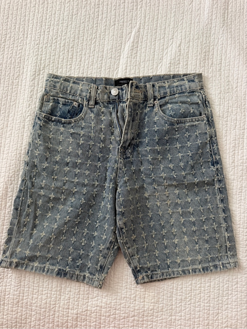 Forever 21 Light Blue Distressed Cross-Pattern Denim Shorts